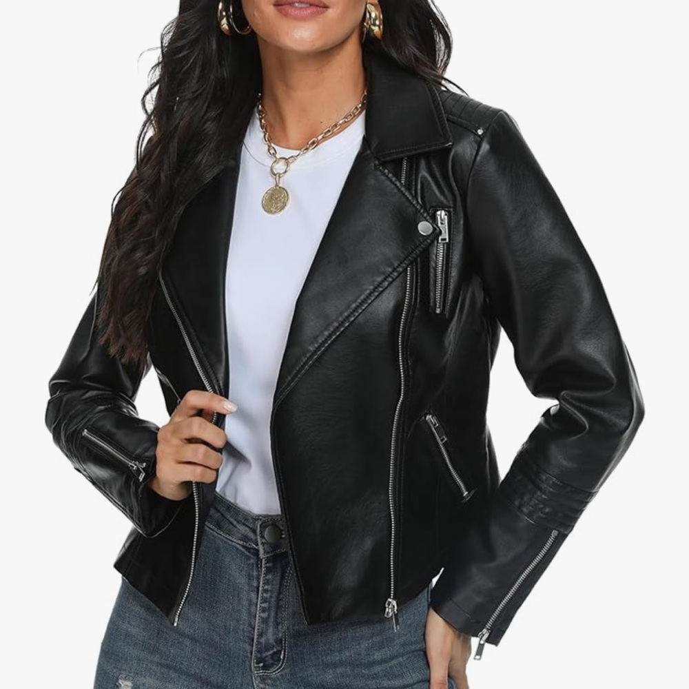 Fahsyee Women’s Faux Leather Jacket Black Size Large Excellent Condition